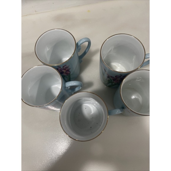 VTG Hand Paint Blue Iris Flower Porcelain Mugs Set of 5 Gold Rim Cottagecore Art - Picture 4 of 11